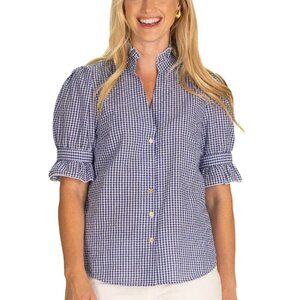 Duffield Lane Marlow Blue Gingham Plaid Puff Sleeve Button Up Top size XS